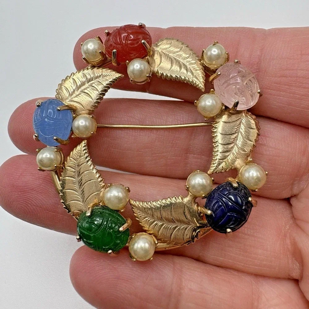Vintage Scarab Brooch Gold Filled Carved Stone Faux Pearls Wreath